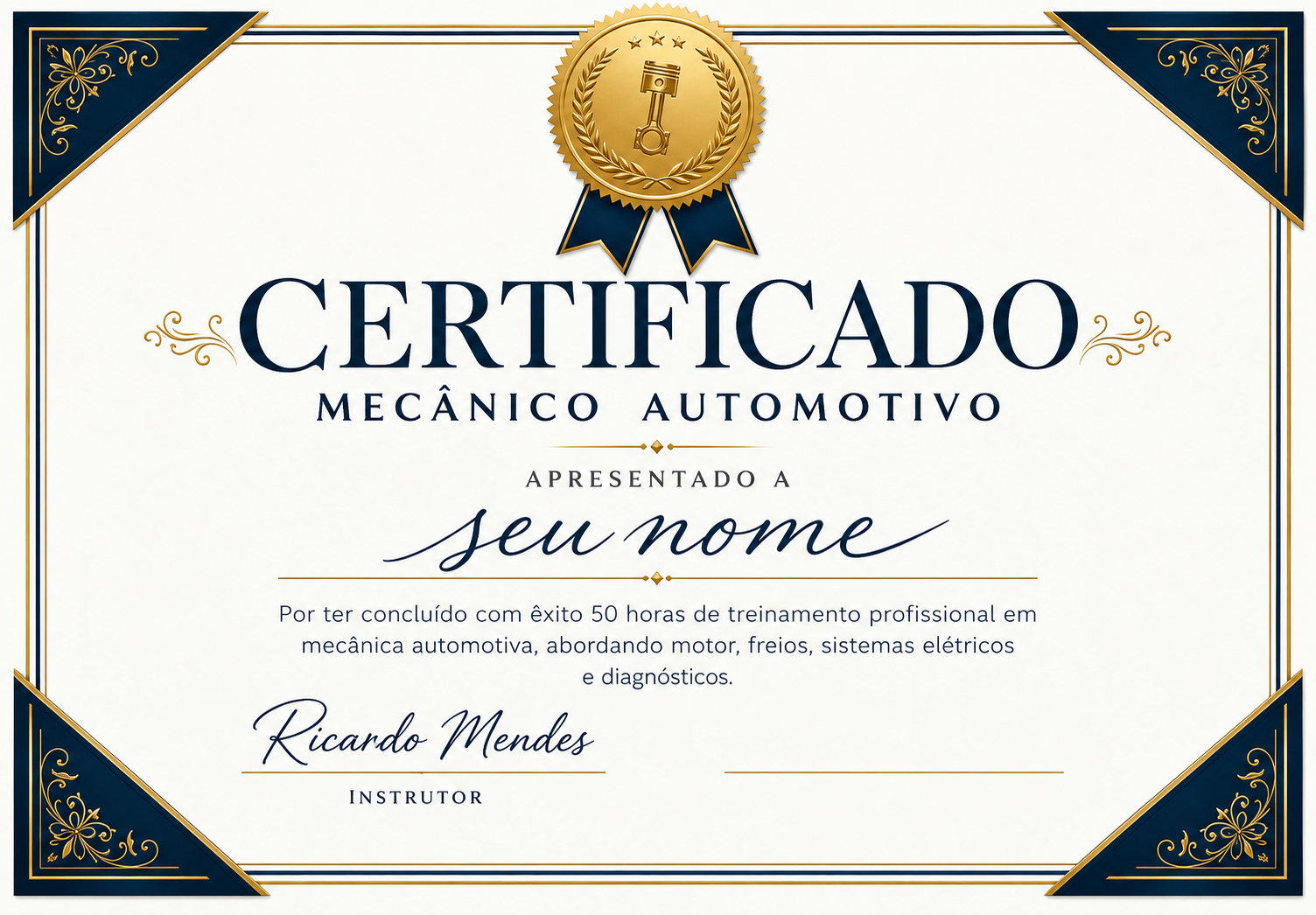 Certificado profissional do curso de mecânica automotiva